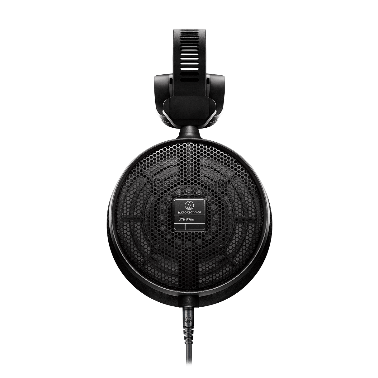 Right side profile of ATH-R70x headphones highlighting lightweight pivoting earcups, honeycomb ventilation, adjustable wings, and low-profile headband design