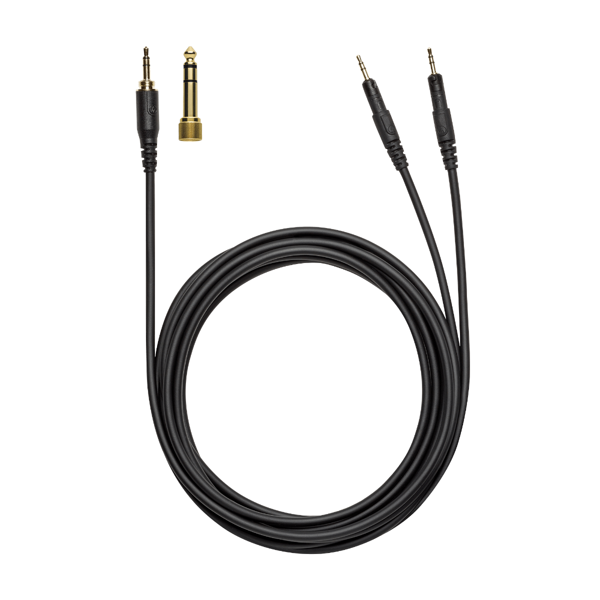 Dual-sided detachable locking cable for ATH-R70x with stereo orientation plugs, coiled on white surface,