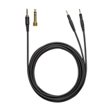 Dual-sided detachable locking cable for ATH-R70x with stereo orientation plugs, coiled on white surface,