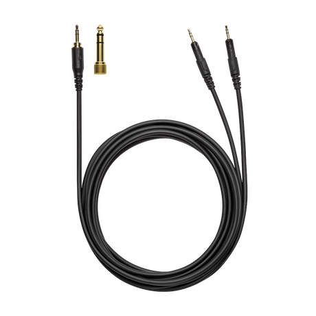 Dual-sided detachable locking cable for ATH-R70x with stereo orientation plugs, coiled on white surface,