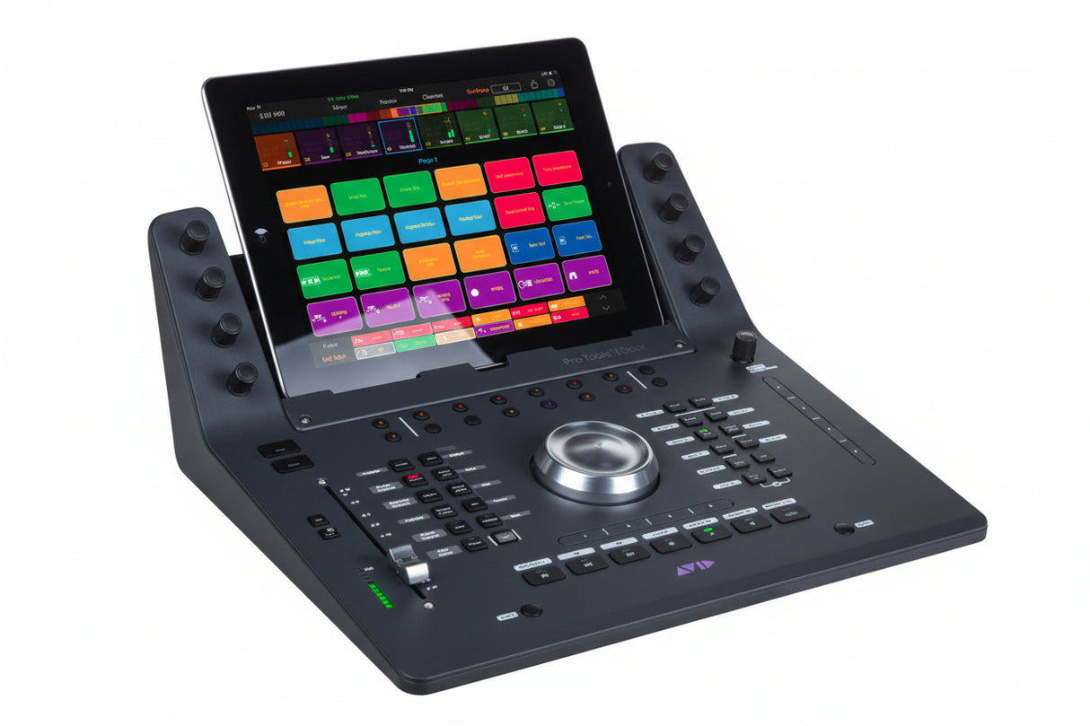EUCON-enabled Avid control surface with touchscreen tablet dock