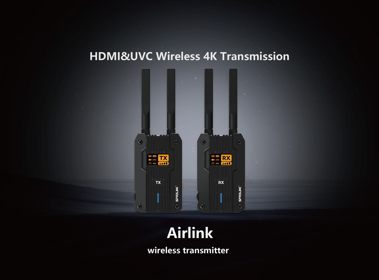 Sprolink Airlink TX and RX wireless video transmitter and receiver units on dark background