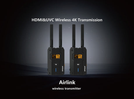 Sprolink Airlink TX and RX wireless video transmitter and receiver units on dark background