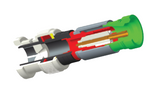 Exploded technical diagram of Belden FSNS6BNCPL ProSNS RG-6 plenum BNC compression connector: cutaway view showing nickel/tin brass nut/body, gold-plated contact pin, black ferrule, red dielectric grip, yellow O-ring, gray cable jacket, green polymer compression sleeve assembly for coax termination