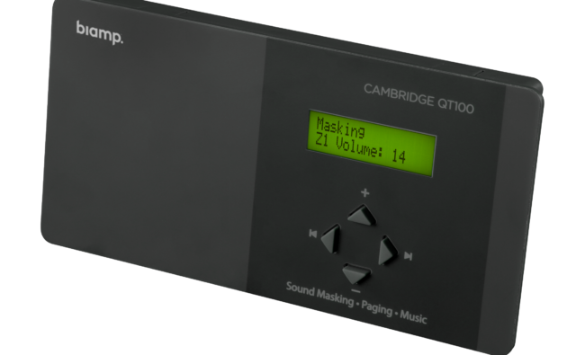 Biamp Cambridge Qt 100 1-Zone Sound Masking Control Generator for up to 120 emitters with audio input and LCD front panel