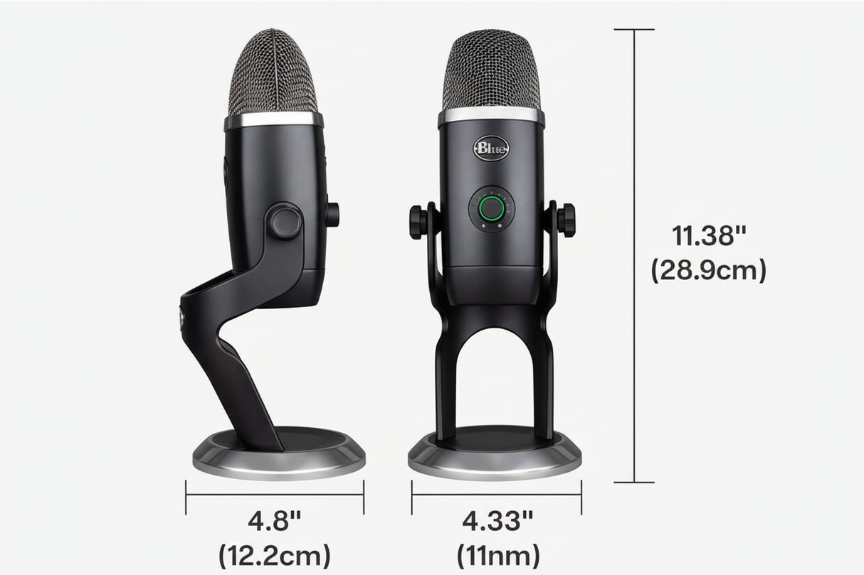 Blue Microphones Yeti X Plus Pack professional USB condenser microphone bundle for streaming, podcasting, and gaming. Features four-capsule array with cardioid, omnidirectional, bidirectional, and stereo patterns, high-res LED metering, multi-function smart knob for gain/volume/mute, Blue VO!CE software effects, and desktop stand