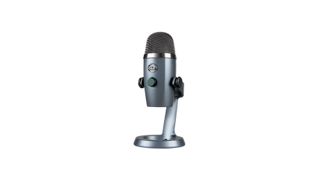 Blue Yeti Nano Shadow Gray USB condenser microphone with cardioid and omnidirectional pickup patterns, 24-bit/48kHz audio, headphone output, mute control, and PC/Mac compatibility