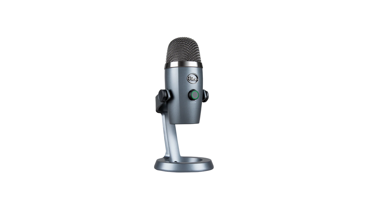 Blue Yeti Nano Shadow Gray USB condenser microphone with cardioid and omnidirectional pickup patterns, 24-bit/48kHz audio, headphone output, mute control, and PC/Mac compatibility