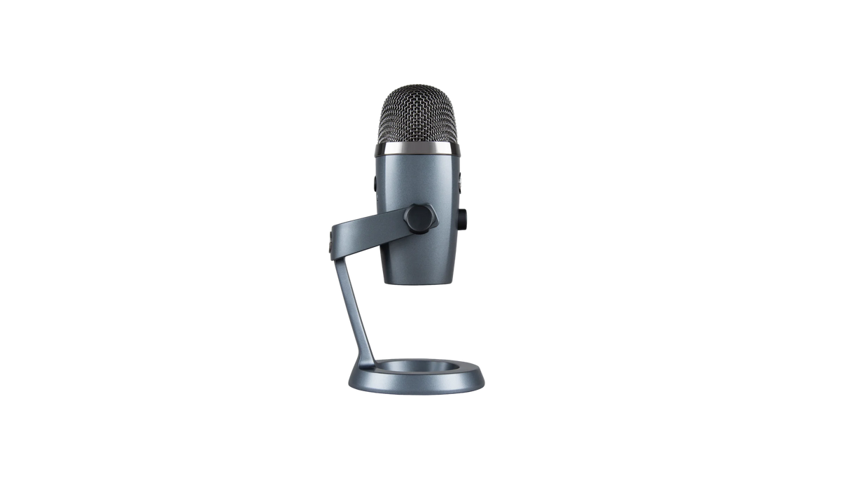 Blue Yeti Nano Shadow Gray USB condenser microphone with cardioid and omnidirectional pickup patterns, 24-bit/48kHz audio, headphone output, mute control, and PC/Mac compatibility