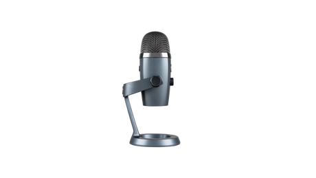Blue Yeti Nano Shadow Gray USB condenser microphone with cardioid and omnidirectional pickup patterns, 24-bit/48kHz audio, headphone output, mute control, and PC/Mac compatibility