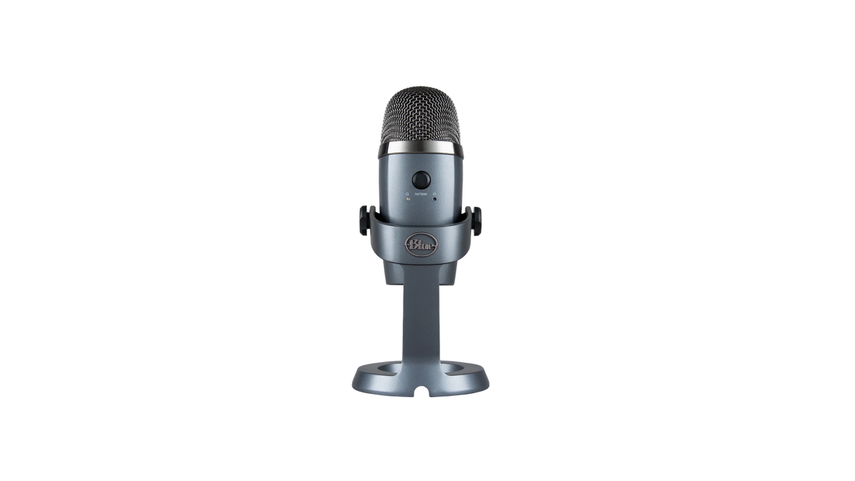 Blue Yeti Nano Shadow Gray USB condenser microphone with cardioid and omnidirectional pickup patterns, 24-bit/48kHz audio, headphone output, mute control, and PC/Mac compatibility