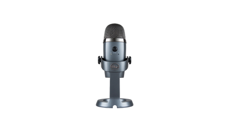 Blue Yeti Nano Shadow Gray USB condenser microphone with cardioid and omnidirectional pickup patterns, 24-bit/48kHz audio, headphone output, mute control, and PC/Mac compatibility
