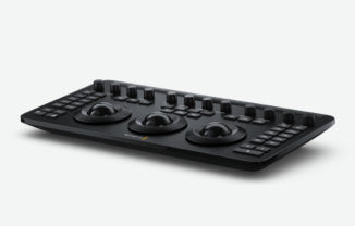 Blackmagic Design DaVinci Resolve Micro Color Panel top-down view showing three trackballs, knobs, and control buttons