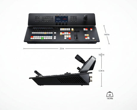 Blackmagic Design ATEM Television Studio 4K8 live production switcher with integrated broadcast control panel, buttons, fader, and built-in display for multi-camera 4K live switching