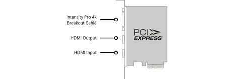 Diagram of Blackmagic Design Intensity Pro 4K PCIe card installation: labeled PCIe slot insertion, HDMI input/output ports, and breakout cable for analog connections