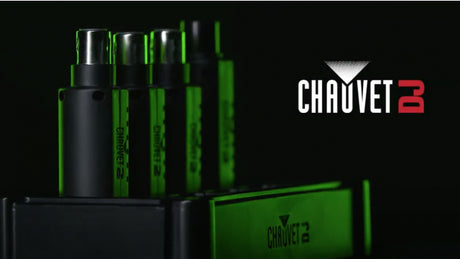 Group of four green-glowing Chauvet DJ D-Fi XLR wireless DMX transmitters arranged on black base with green-accented packaging box and CHAU VET DJ logo, highlighting battery-powered XLR design for pro lighting setups