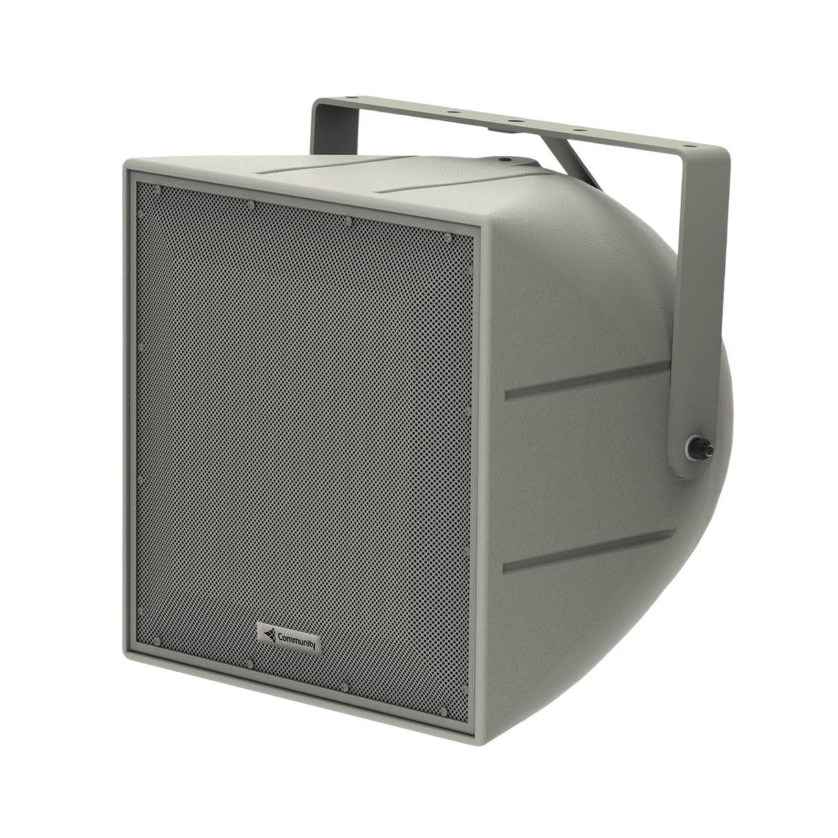 Front side view of Community R.5-94Z 12-inch 2-way coaxial loudspeaker showing light grey WeatherStop grille and 90°x40° horn pattern control