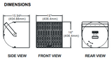 Technical line drawing of Community R.5-94Z loudspeaker dimensions: side view with yoke bracket (15.94 in H x 16 in W), front grille view (16 in H x 16 in W), rear view (16 in H x 16.4 in W), all labeled in inches and mm