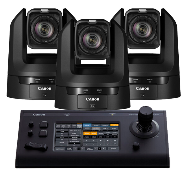 Canon 3x CR-N100 PTZ Cameras (BLACK) and 1x RC-IP100 Controller Bundle