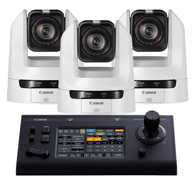 Canon 3x CR-N100 PTZ Cameras (WHITE) and 1x RC-IP100 Controller Bundle