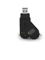 Chauvet DJ D-Fi USB 2 wireless DMX transceiver close-up showing folded black housing with Chauvet logo, three yellow status LEDs lit, red power indicator, and USB connector for DJ lighting fixtures