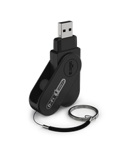 Chauvet DJ D-Fi USB 2 wireless DMX transceiver side profile view showing extended USB connector, black foldable housing with D-Fi USB 2 and Chauvet logos, and lanyard with metal key ring for DJ lighting control