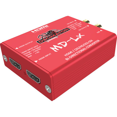 Front and side angled view of the Decimator Design MD‑LX HDMI/SDI bi‑directional converter showing HDMI Input and output 