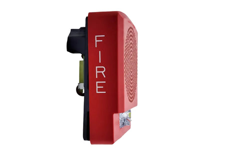 Side view of Eaton Wheelock Eluxa high-fidelity speaker strobe in red with clear Lexan lens, field-selectable candela (15-185cd), 300-8000Hz frequency range, wall/ceiling mount, on white background