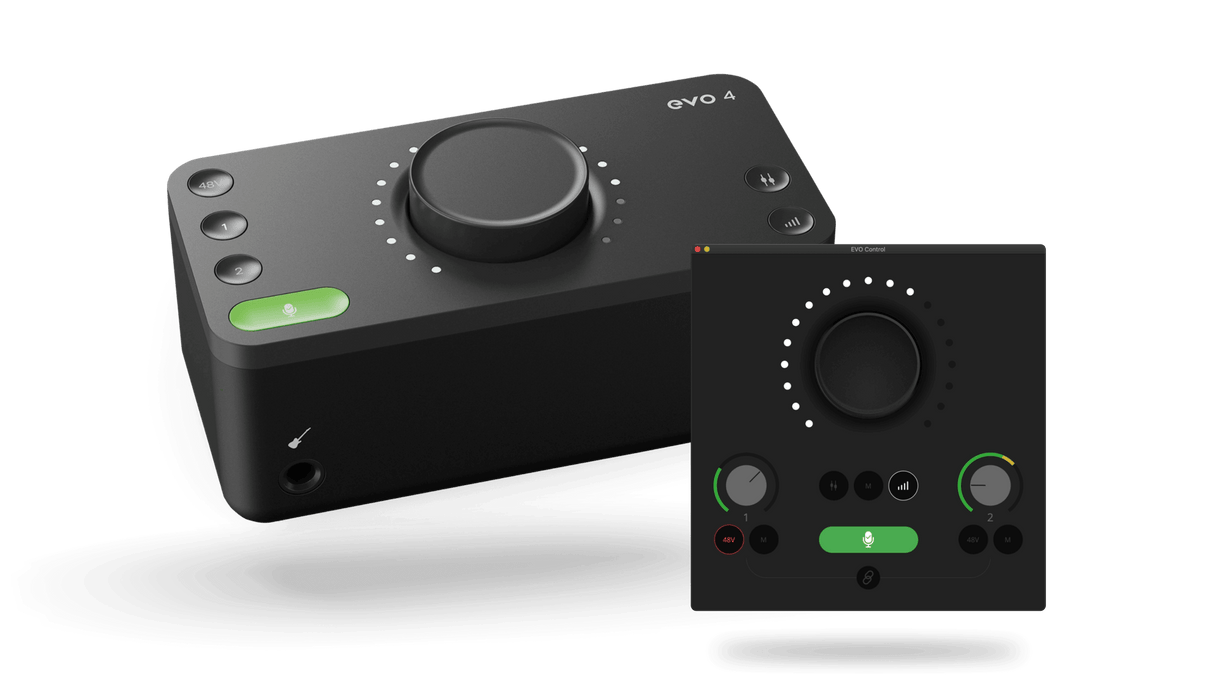 Audient EVO 4 compact USB audio interface with large central control knob, LED level ring, 48V phantom power and channel buttons, plus EVO Control software mixer interface shown alongside