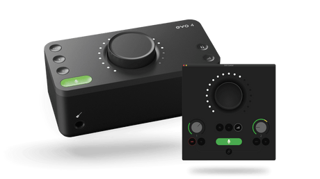 Audient EVO 4 compact USB audio interface with large central control knob, LED level ring, 48V phantom power and channel buttons, plus EVO Control software mixer interface shown alongside