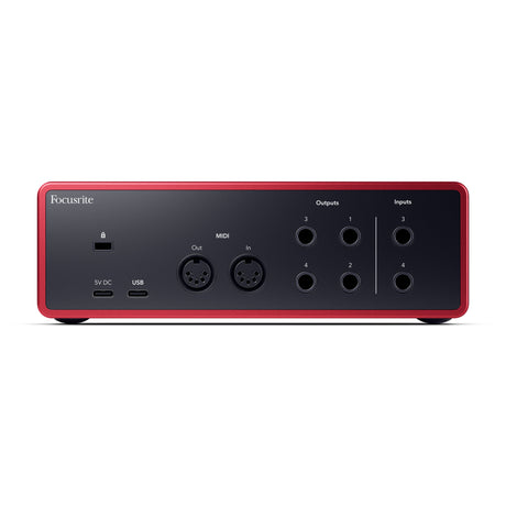 Focusrite Scarlett 4i4 4th Gen USB audio interface with two 69dB preamps, Auto Gain, Clip Safe, Air mode, MIDI, loopback, USB-C, and Hitmaker Expansion software