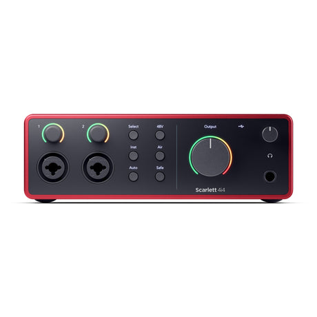 Focusrite Scarlett 4i4 4th Gen USB audio interface with two 69dB preamps, Auto Gain, Clip Safe, Air mode, MIDI, loopback, USB-C, and Hitmaker Expansion software