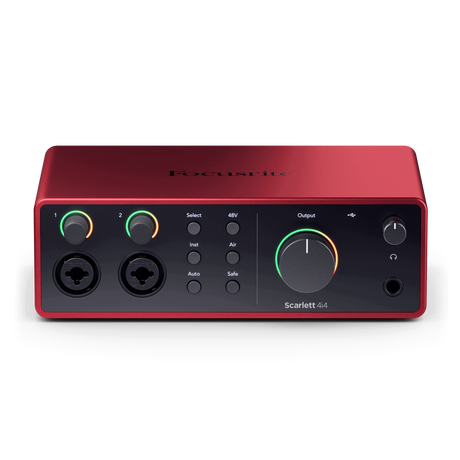 Focusrite Scarlett 4i4 4th Gen USB audio interface with two 69dB preamps, Auto Gain, Clip Safe, Air mode, MIDI, loopback, USB-C, and Hitmaker Expansion software