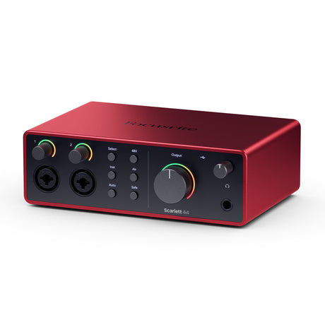 Focusrite Scarlett 4i4 4th Gen USB audio interface with two 69dB preamps, Auto Gain, Clip Safe, Air mode, MIDI, loopback, USB-C, and Hitmaker Expansion software