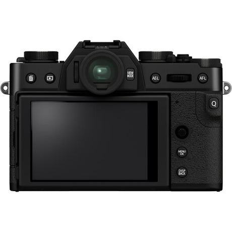 Back view of the black Fujifilm X-T30 II mirrorless camera body showing the vintage-style textured grip, X-mount lens port, and top-plate control dials