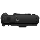 Bottom view of the black Fujifilm X-T30 II mirrorless camera body showing the vintage-style textured grip, X-mount lens port, and top-plate control dials
