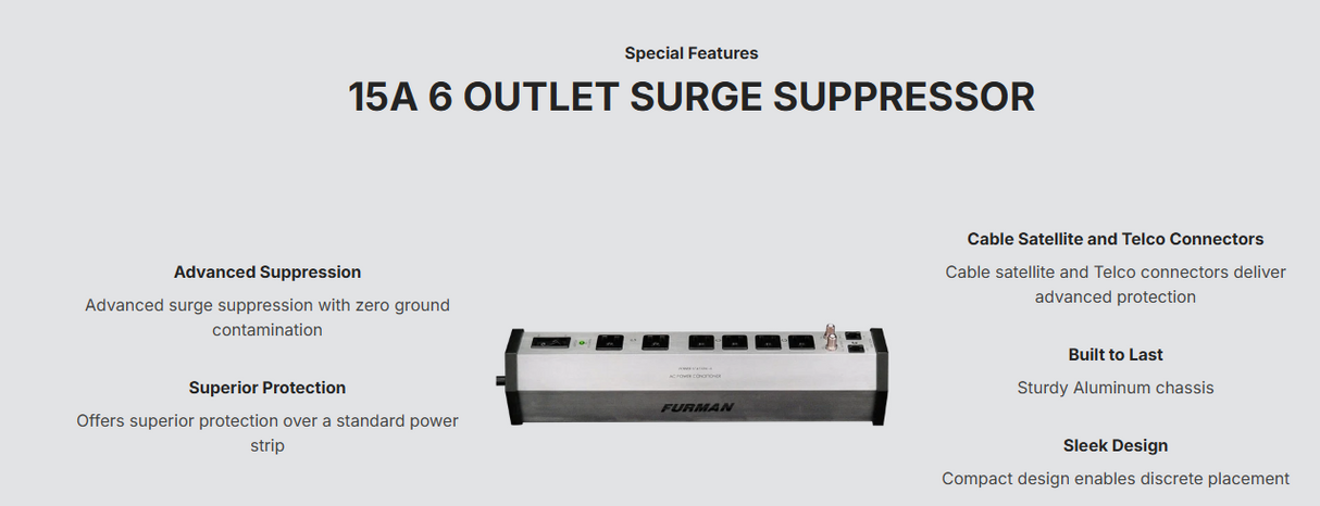 Furman PST-6 15A AC strip with 6 filtered outlets, advanced surge suppression, zero ground contamination, cable and Telco protection, aluminum chassis, and UL1449 standard surge protection