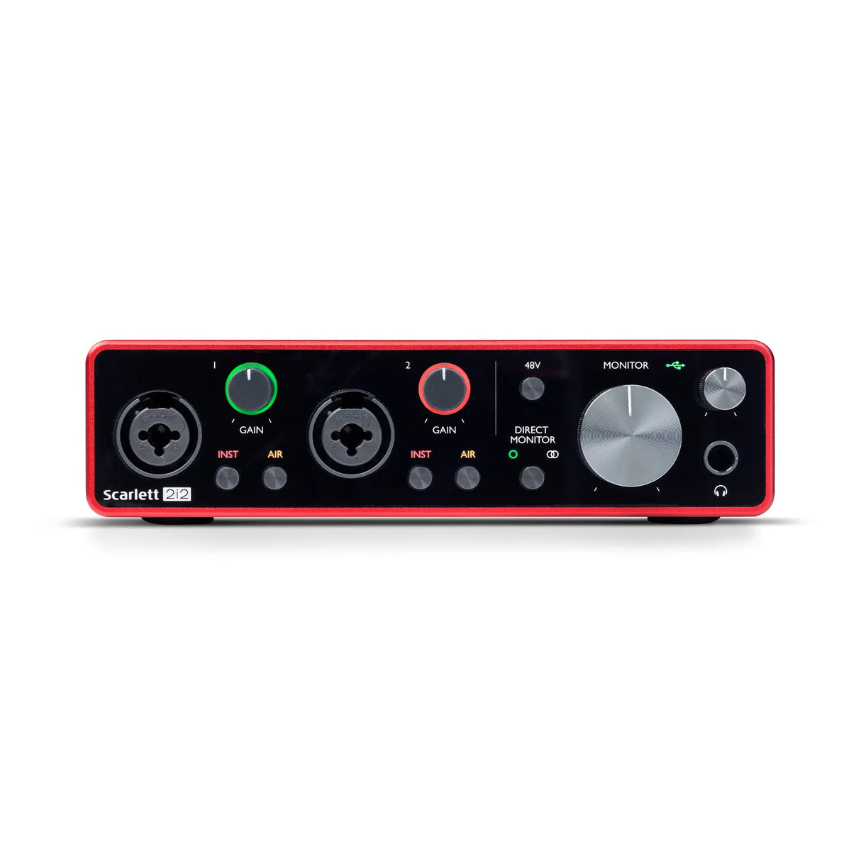 Front view of Focusrite Scarlett 2i2 3rd Gen USB audio interface with two XLR inputs