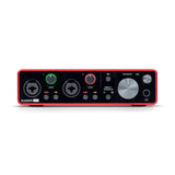 Front view of Focusrite Scarlett 2i2 3rd Gen USB audio interface with two XLR inputs