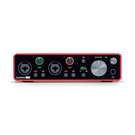 Front view of Focusrite Scarlett 2i2 3rd Gen USB audio interface with two XLR inputs