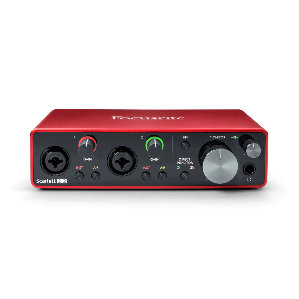 Front top view of Focusrite Scarlett 2i2 3rd Gen USB audio interface with two XLR inputs
