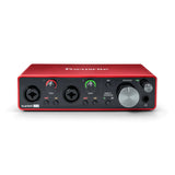 Front top view of Focusrite Scarlett 2i2 3rd Gen USB audio interface with two XLR inputs