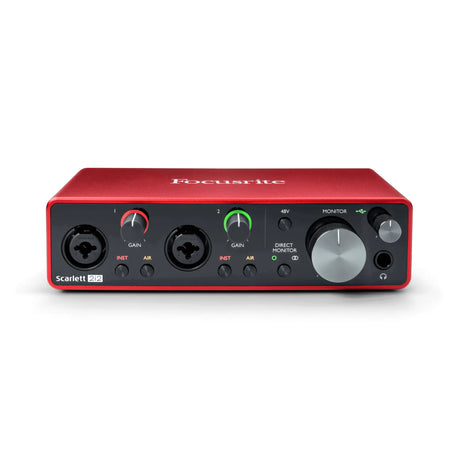 Front top view of Focusrite Scarlett 2i2 3rd Gen USB audio interface with two XLR inputs