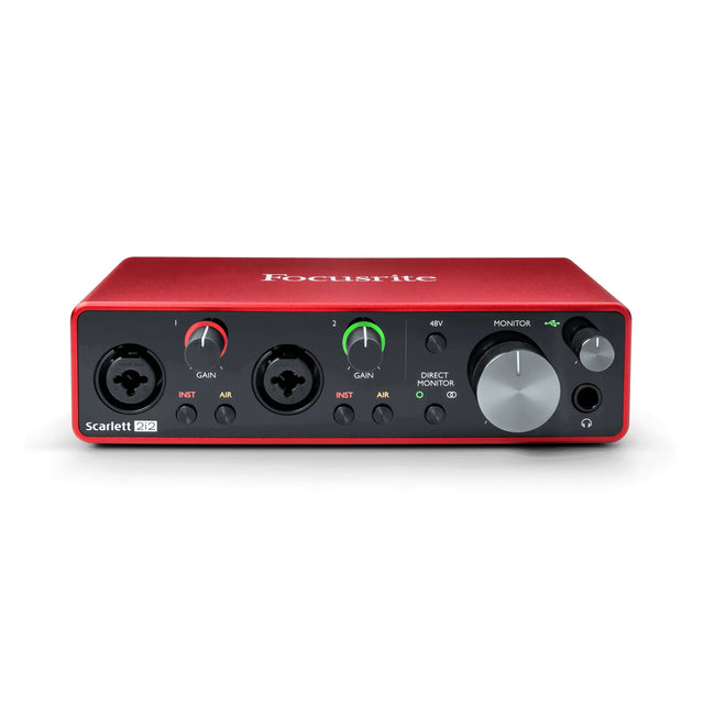 Front top view of Focusrite Scarlett 2i2 3rd Gen USB audio interface with two XLR inputs