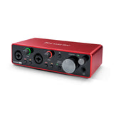 Left view of Focusrite Scarlett 2i2 3rd Gen USB audio interface with two XLR inputs