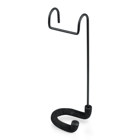 Gator Frameworks GFW-GTRCLOSETHNGR closet hanger yoke for guitars, side angle view showing black powder-coated steel frame, upper hook for closet rod, and lower U-shaped black rubberized yoke for safe guitar neck and headstock support