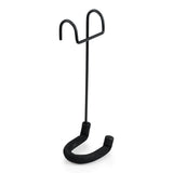 Gator Frameworks GFW-GTRCLOSETHNGR closet hanger yoke angled front view, black steel with double upper hooks for secure closet rod attachment and padded black U-shaped lower yoke for guitar neck support, white background
