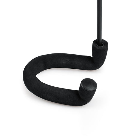 Close-up of Gator Frameworks GFW-GTRCLOSETHNGR guitar closet hanger yoke's black rubberized U-shaped cradle with foam padding for secure neck and headstock protection, attached to vertical steel post, white background