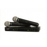 Shure wireless microphone system with receiver and two handheld microphones on a white background