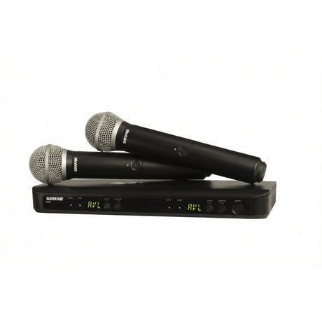 Shure wireless microphone system with receiver and two handheld microphones on a white background